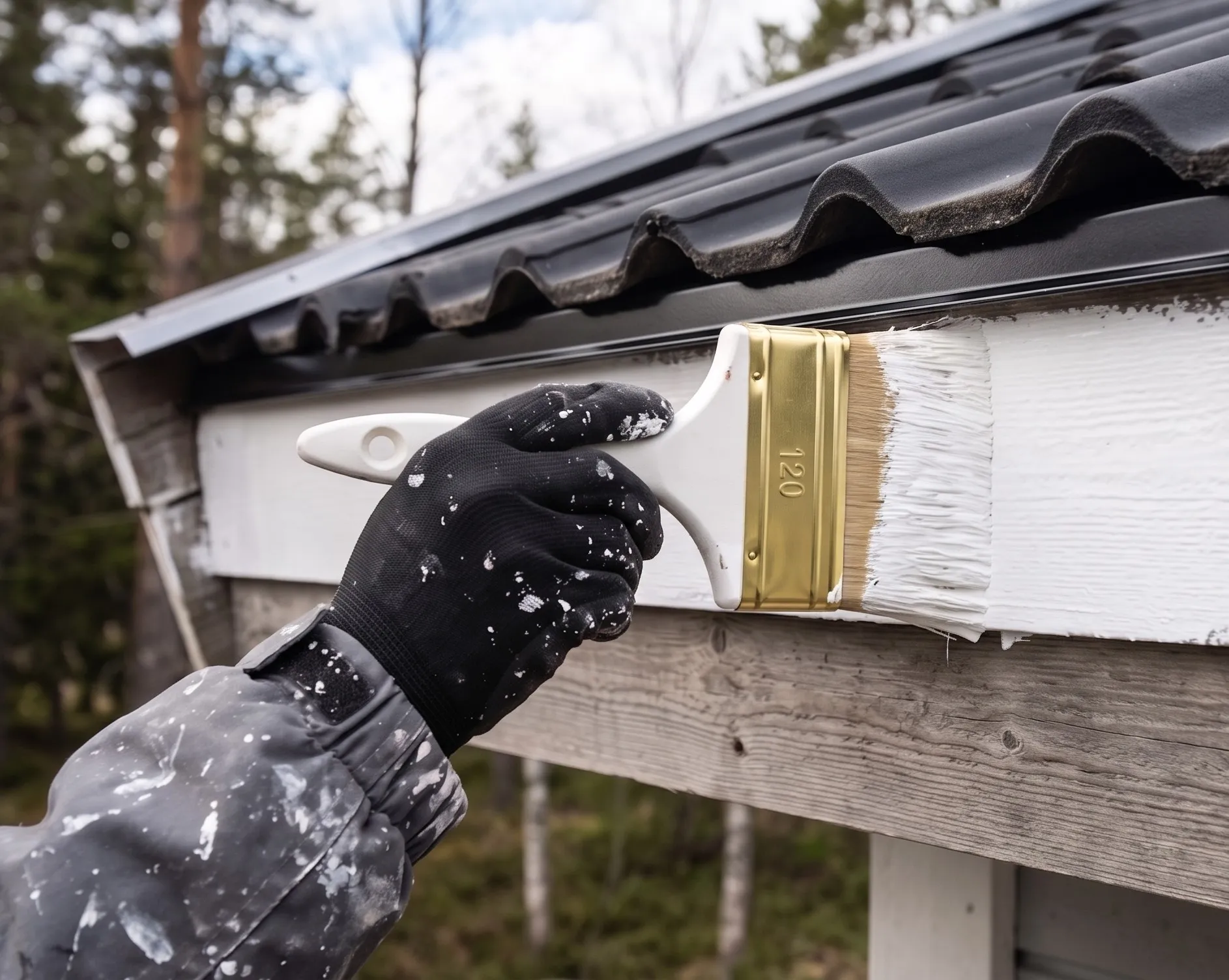 Painter applying white paint to a wooden house facade